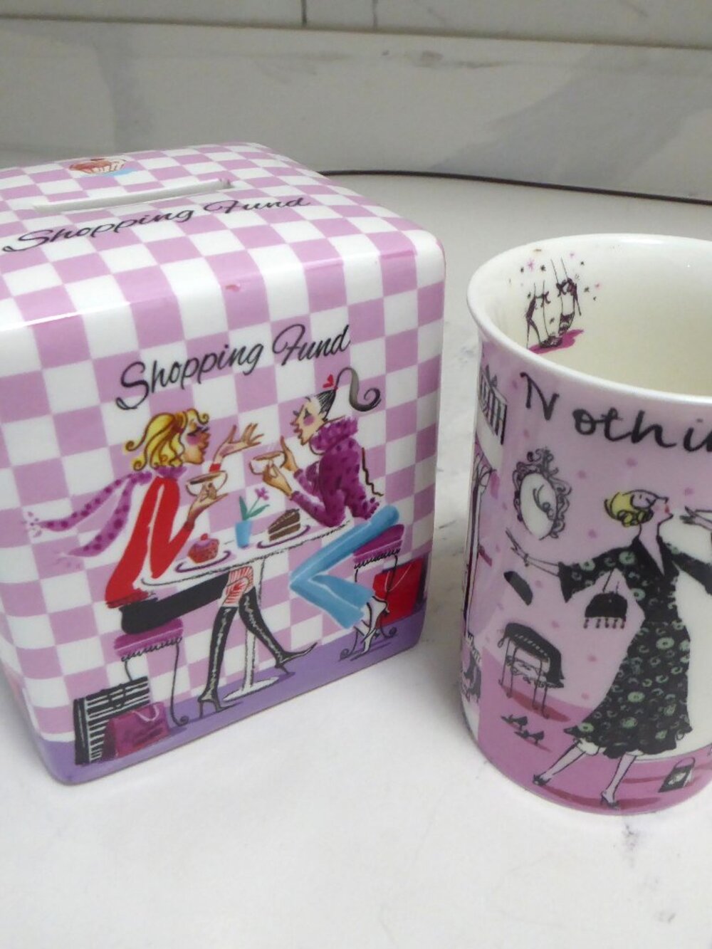 Sarah Gibb Design Ceramic Shopping Fund Money Box + Matching Mug